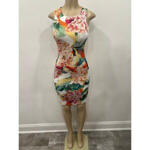 H&M Bodycon Dress Women's SZ XS White Multicolor Floral Scuba Bodycon Midi
